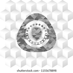 shield icon inside grey badge with geometric cube white background