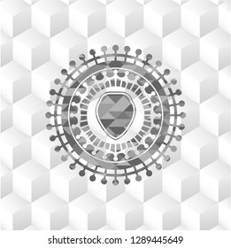 shield icon inside grey badge with geometric cube white background