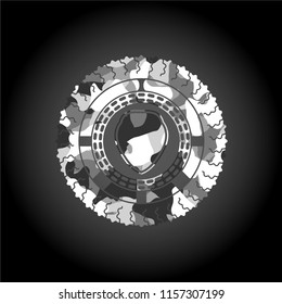shield icon inside grey camouflage texture