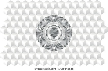 shield icon inside grey emblem with geometric cube white background
