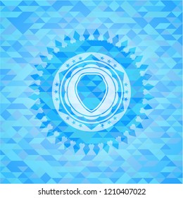 shield icon inside light blue emblem. Mosaic background