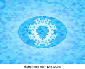 shield icon inside light blue mosaic emblem