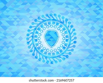 shield icon inside light blue emblem with mosaic ecological style background. 