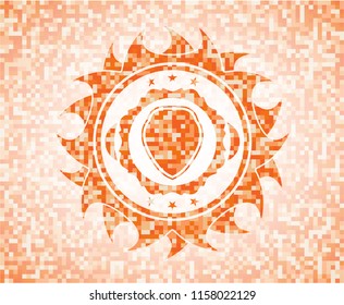 shield icon inside orange tile background illustration. Square geometric mosaic seamless pattern with emblem inside.