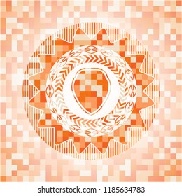 shield icon inside orange tile background illustration. Square geometric mosaic seamless pattern with emblem inside.