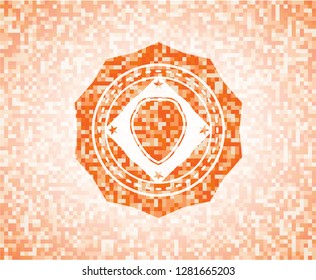 shield icon inside orange tile background illustration. Square geometric mosaic seamless pattern with emblem inside.