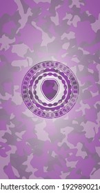 shield icon inside pink and purple camo emblem. 