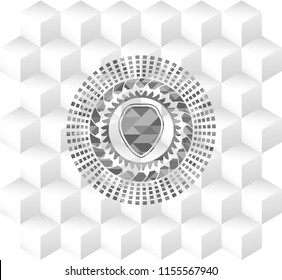shield icon inside realistic grey emblem with cube white background
