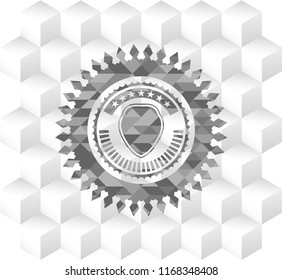 shield icon inside realistic grey emblem with cube white background