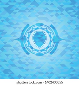 shield icon inside realistic light blue emblem. Mosaic background