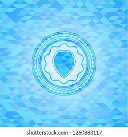 shield icon inside realistic sky blue emblem. Mosaic background