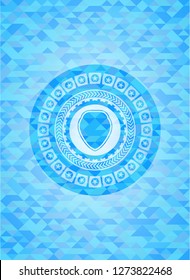 shield icon inside realistic sky blue emblem. Mosaic background