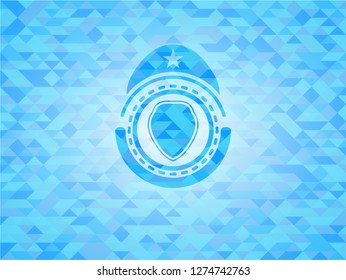 shield icon inside realistic sky blue emblem. Mosaic background
