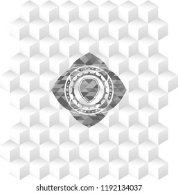 shield icon inside retro style grey emblem with geometric cube white background