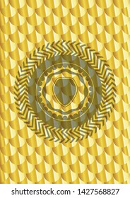 shield icon inside shiny golden badge. Scales pattern. Vector Illustration. Detailed.