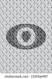 shield icon inside silver badge or emblem. Scales pattern. Vector Illustration. Detailed.