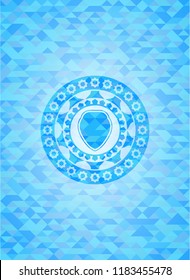 shield icon inside sky blue emblem. Mosaic background