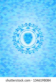 shield icon inside sky blue emblem with mosaic background