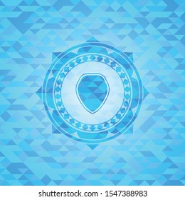 shield icon inside sky blue emblem with mosaic background