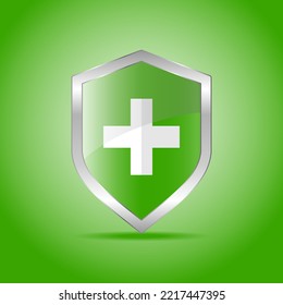 Shield Icon Isolated on green Background. A protective shield icon with a shadow below it. Cartoon illustration of a shield in 3D style. Vector.
