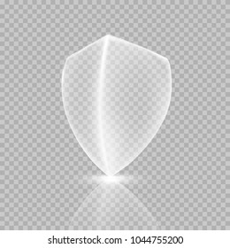 Shield icon isolated on transparent background. White protection emblem. Safety badge. Vector glass defense sign for your advertising design.