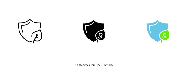 Shield icon with leaves icon. Green Peace, protect the planet, stop toxic emissions into the atmosphere. Vector set of icons in line, black and colorful styles isolated on white background.