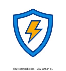 Shield icon with a lightning bolt symbol. Concept of energy protection, cyber security, power security, and digital safety. Vector illustration
