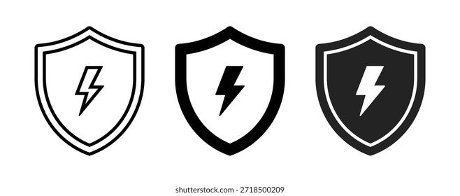 Shield icon with lightning bolt symbol, representing security, protection, power, energy, safety, cybersecurity and strong defense concept