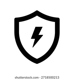 Shield icon with lightning bolt symbol, representing security, protection, power, energy, safety, cybersecurity and strong defense concept