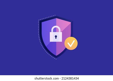 Shield icon with a lock on a blue background. A positive result of entering personal data. The concept of protecting private information. Vector flat illustration.