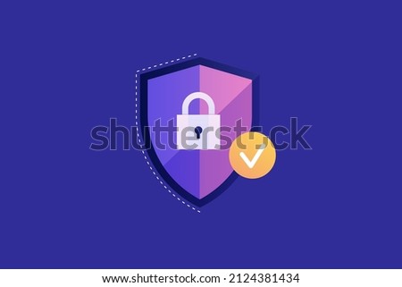 Shield icon with a lock on a blue background. A positive result of entering personal data. The concept of protecting private information. Vector flat illustration.
