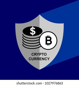 Shield Icon with long shadow - Crypto currency. Block chain icon. Vector graphic illustration. 