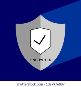Shield Icon with long shadow -
 Encrypted. Block chain icon. Vector graphic illustration. 