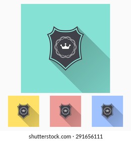 Shield icon with long shadow, flat design. Vector illustration.