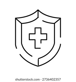 Shield icon with a medical cross symbolizing healthcare, immune system defense, and protection, providing a clear visual for insurance and safety concepts in a line art style