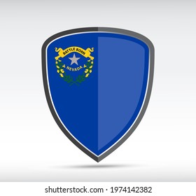 Shield icon with Nevada State Flag on gray bacground. Vector illustration.