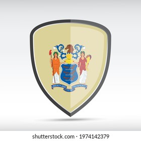 Shield Icon With New Jersey State Flag On Gray Bacground. Vector Illustration.