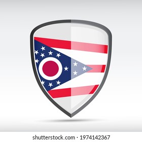 Shield icon with Ohio State Flag on gray bacground. Vector illustration.