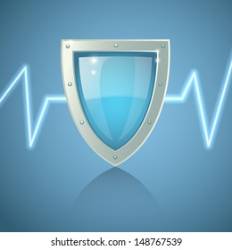 Shield icon on blue background.
