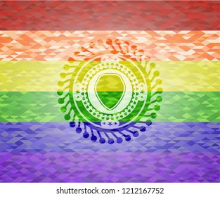 shield icon on mosaic background with the colors of the LGBT flag