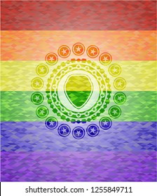 shield icon on mosaic background with the colors of the LGBT flag