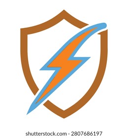 Shield icon with orange lightning bolt on white background representing protection