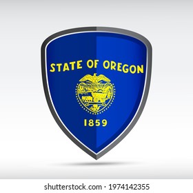 Shield icon with Oregon State Flag on gray bacground. Vector illustration.