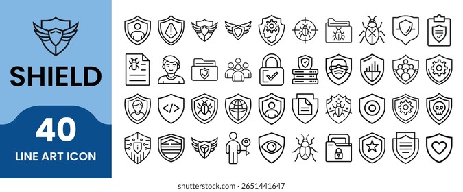 Pacote de Ícones de Blindagem. Conjunto Mínimo de Ícones da Web em Linha Fina | Ilustração de vetor com privacidade, proteção, segurança, proteção, firewall, segurança e símbolos de defesa