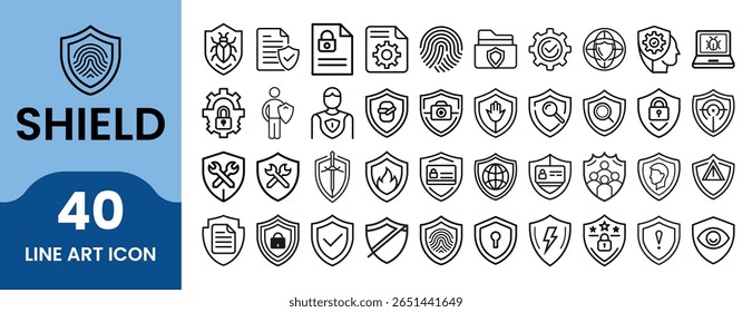 Pacote de Ícones de Blindagem. Conjunto Mínimo de Ícones da Web em Linha Fina | Ilustração de vetor com privacidade, proteção, segurança, proteção, firewall, segurança e símbolos de defesa