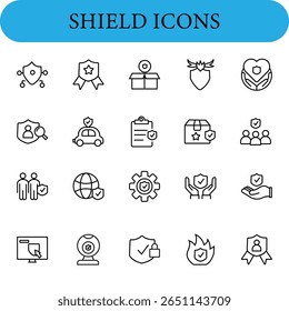 Shield icon pack. These symbols include people, gears, a globe, a car, a package, a clipboard, and a computer screen.