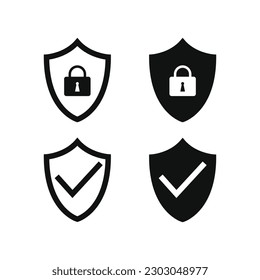 shield icon, shield padlock and shield check mark on white background