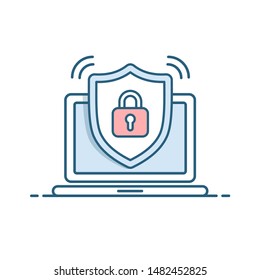 Shield icon with padlock on screen laptop. Security concept. Isolated vector illustration on black background. 