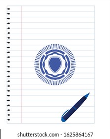 shield icon pen emblem. Blue ink. Vector Illustration. Detailed.