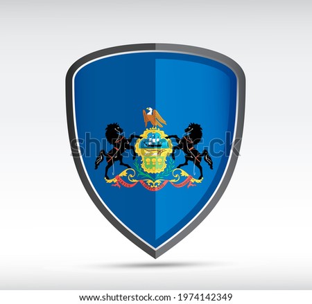 Shield icon with Pennsylvania State Flag on gray bacground. Vector illustration.